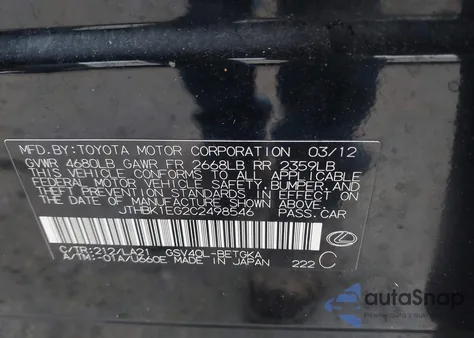 2012 Lexus Es 350 z USA, uszkodzony, nr VIN JTHBK1EG2C2498546